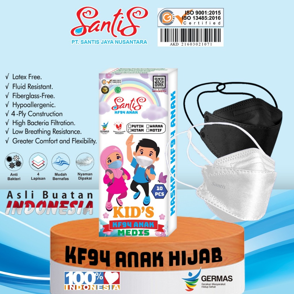 Masker KF94 Anak headloop/Hijab SANTIS (Isi 10pc)