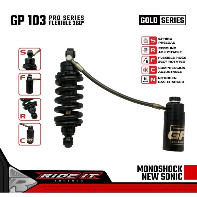 Monoshock tabung pisah Fleksibel Sonic 150, Supra GTR Ride it GP 103 Gold Series As Black