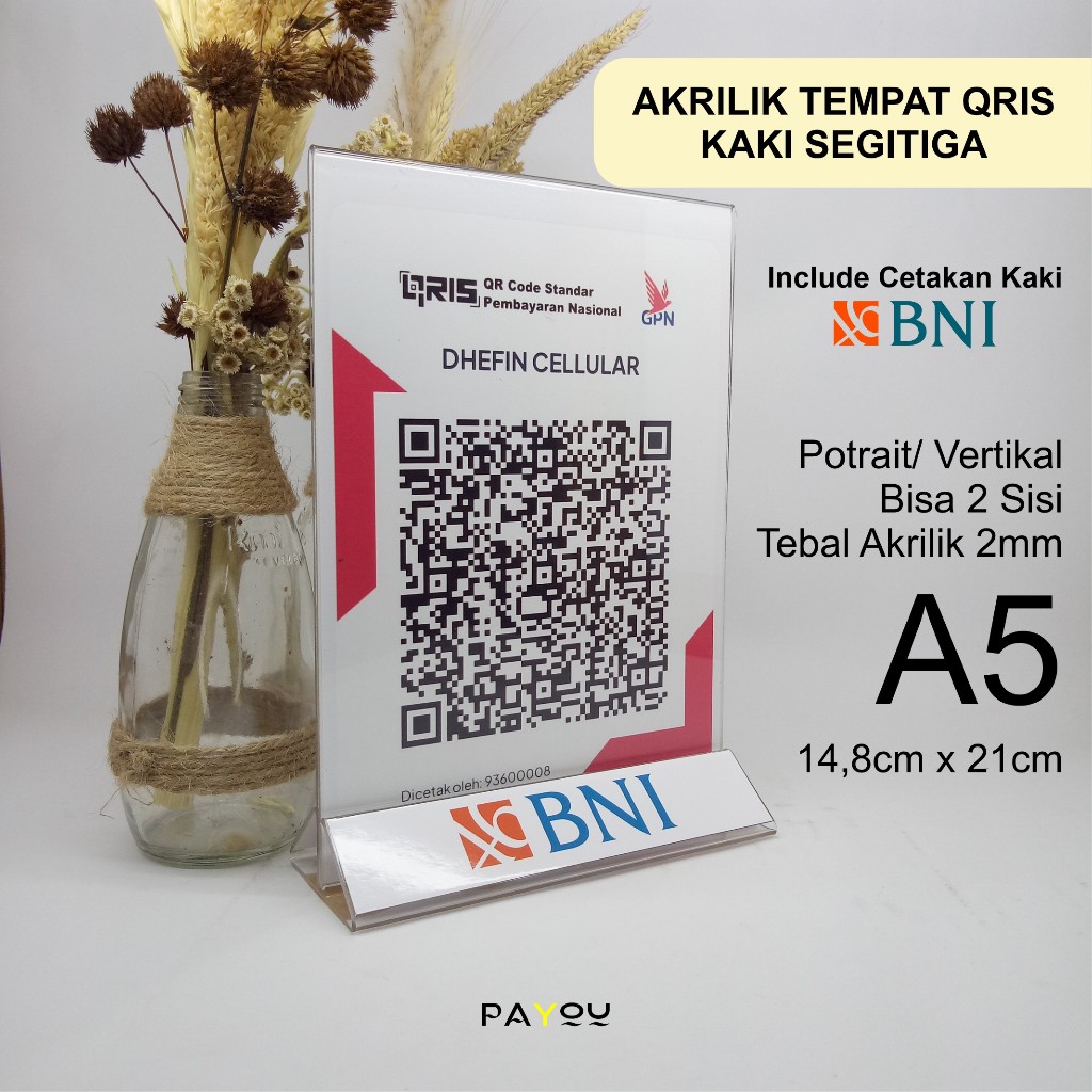 

Akrilik Tempat QRIS/ Barcode A5 2mm Kaki Segitiga Logo BNI