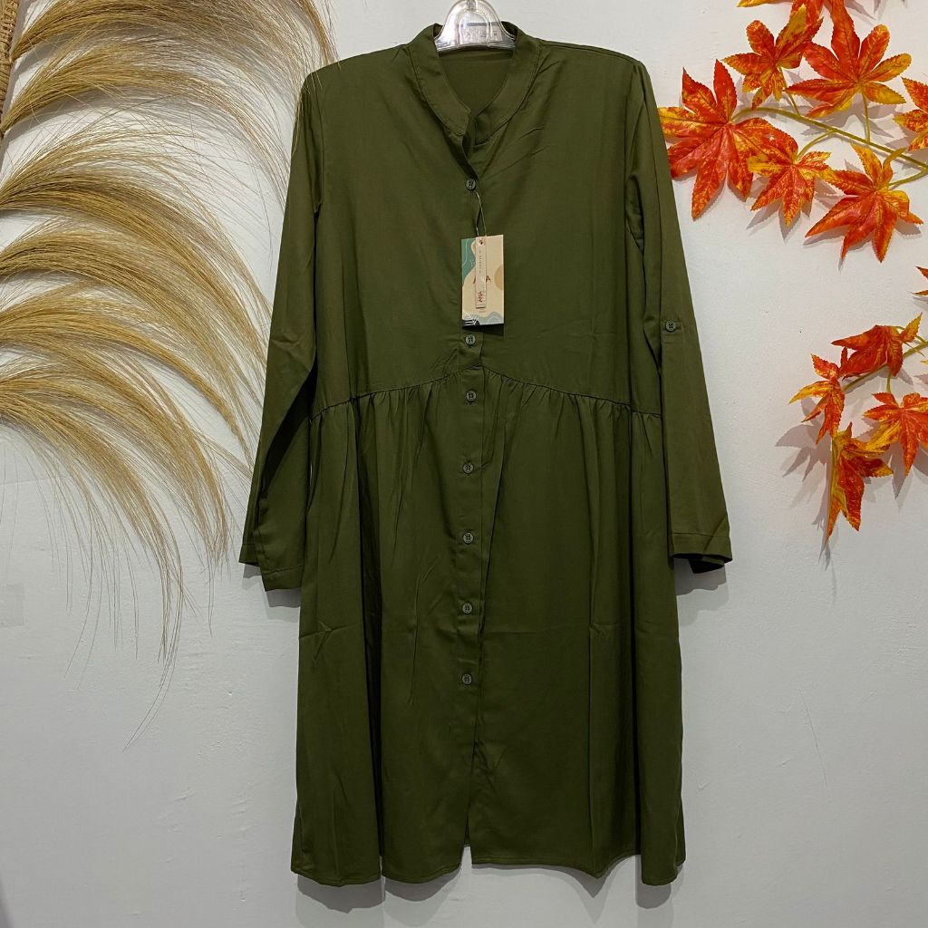 TUNIK ATASAN WANITA AHA POLOS FULL KANCING ARMY 601144