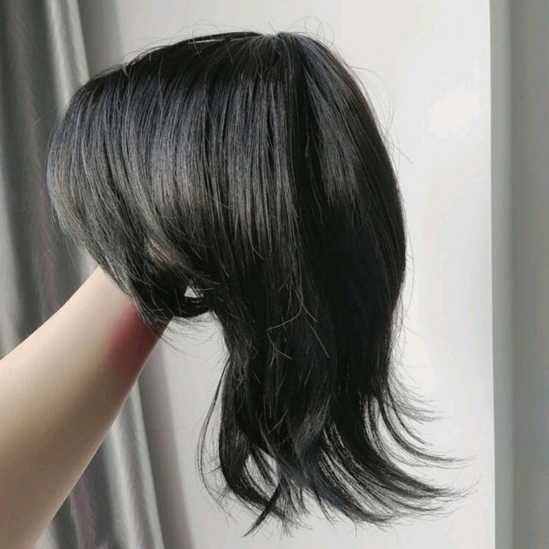 Wig Rambut Palsu Pria Wanita Rambut Mullet Panjang Warna Hitam Wig Ekor Srigala Warna Hitam Natural