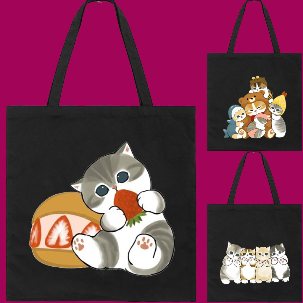 Tas Hitam Totebag Tote Bag Motif Cat kucing Lucu Kanvas Korea Tas Goodie Bag Ulang Tahun Anak Cute