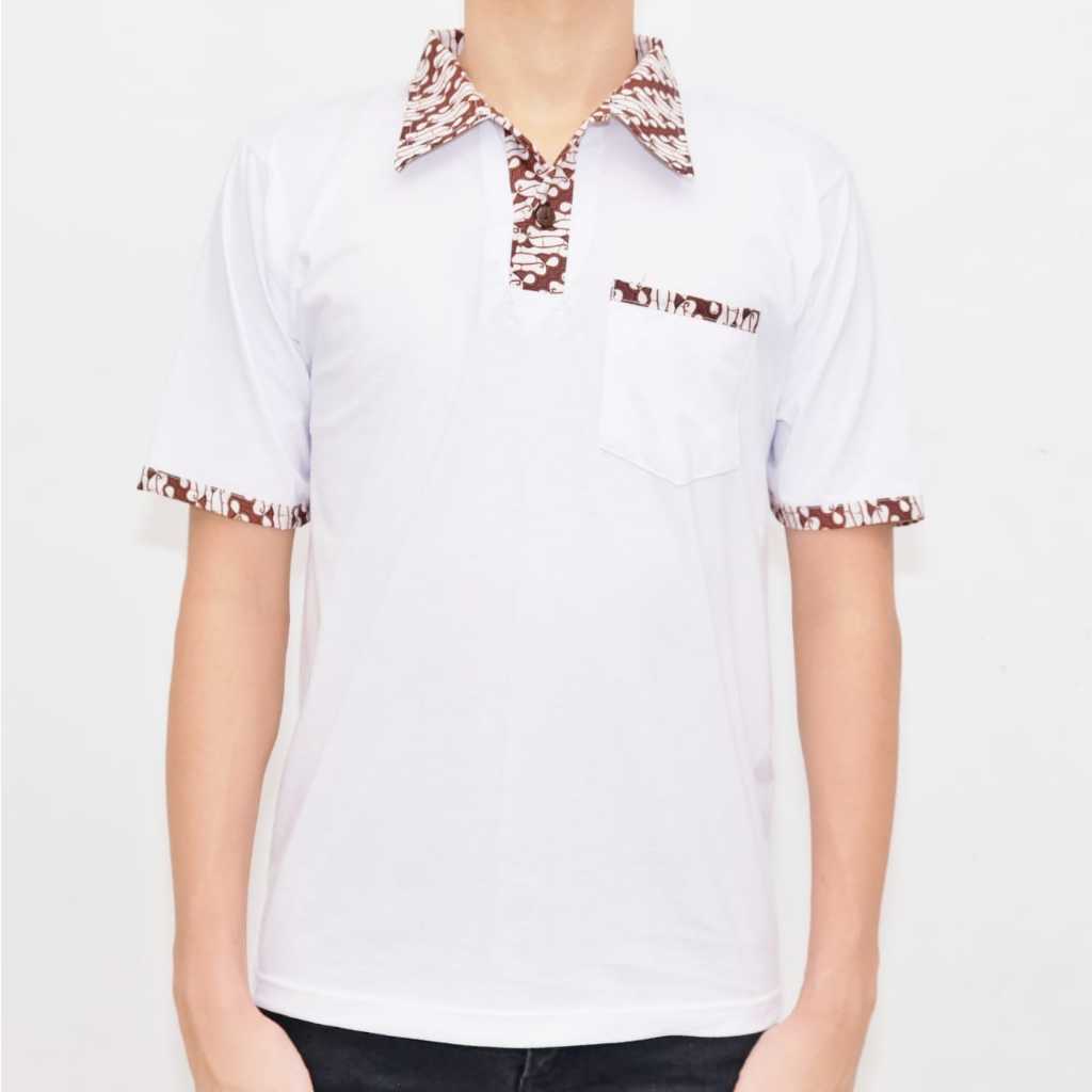 Kaos Krah Polo Batik Pria Lengan Pendek Warna Putih Premium Sari