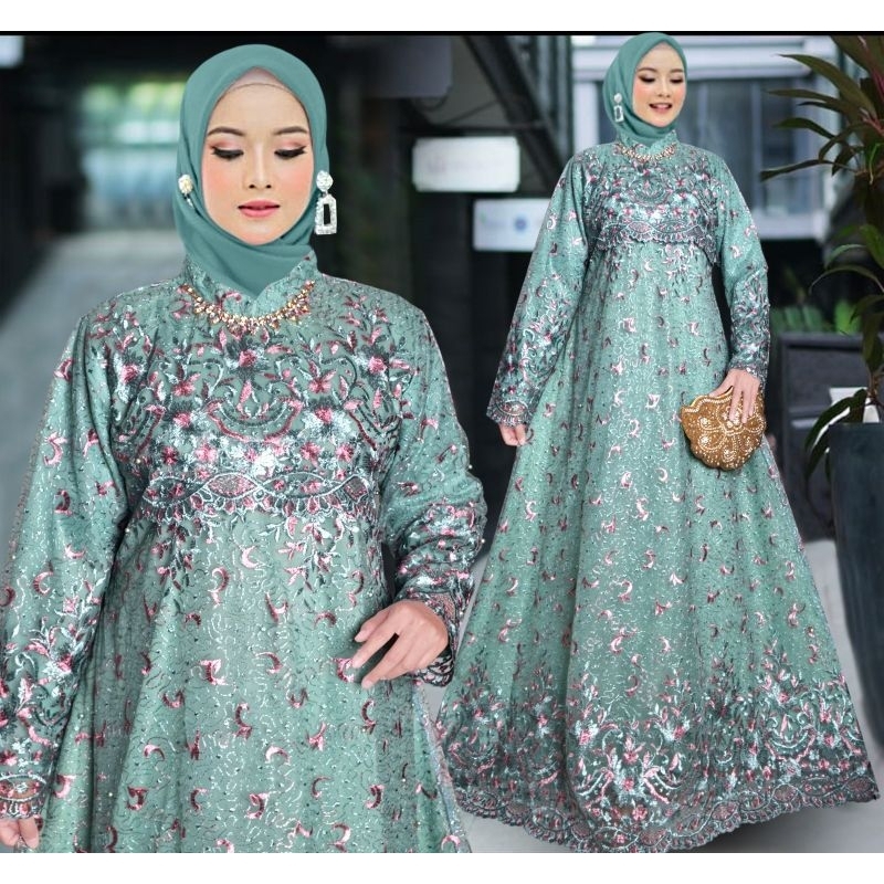 HS -gamis lebaran 2022 model gamis terbaru | Gamis Pesta Brukat Mewah bajumuslim Maxi Naswa bahan ma