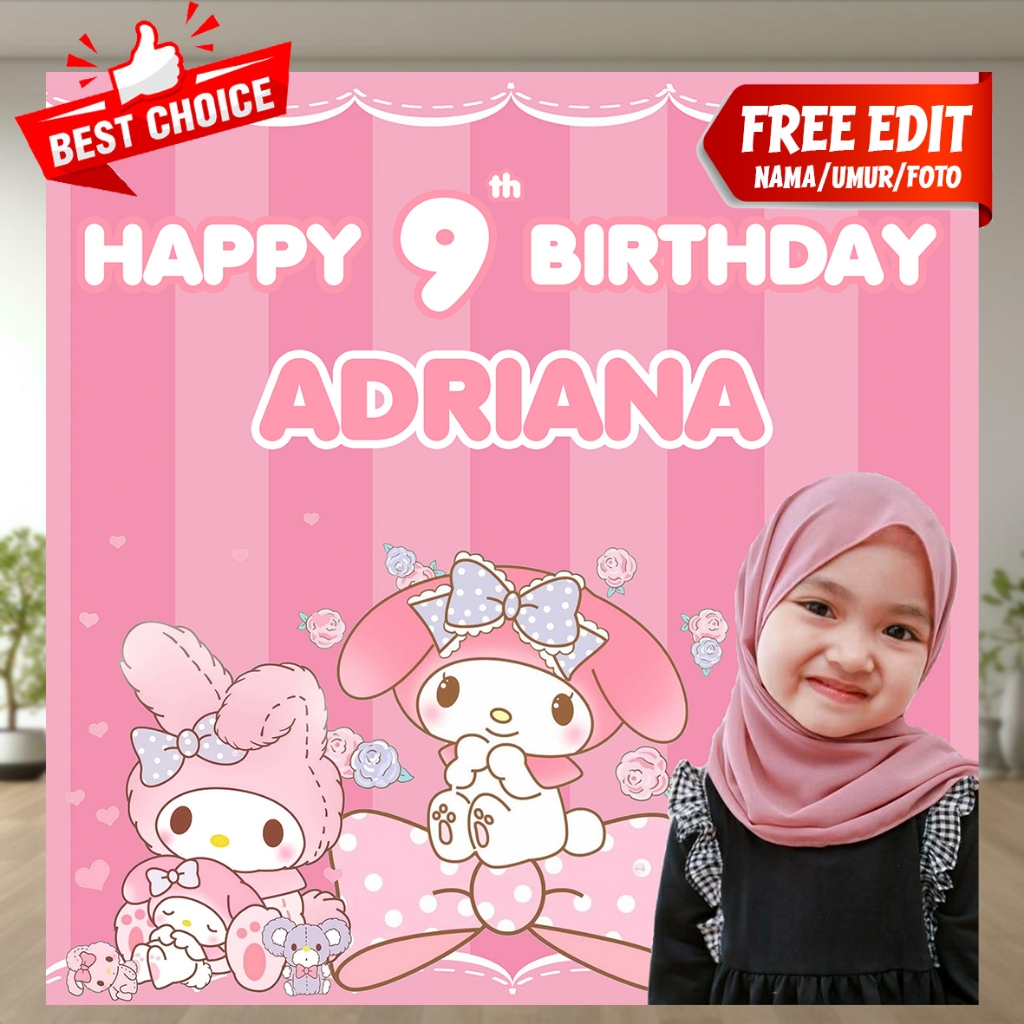 Spanduk Ultah Anak Cewe Tema My Melody / Banner Flexi Ulang Tahun / Background Birthday Party / Hias