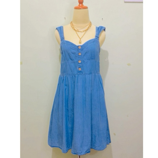 Dress wanita model overall bahan denim jeans korean look warna blue biru langit korean look - Overal