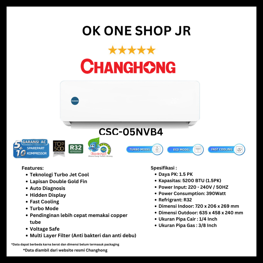 CHANGHONG AC Split 1/2PK CSC-05NVB4 / CSC 05 NVB4 Standard R32 (UNIT ONLY)