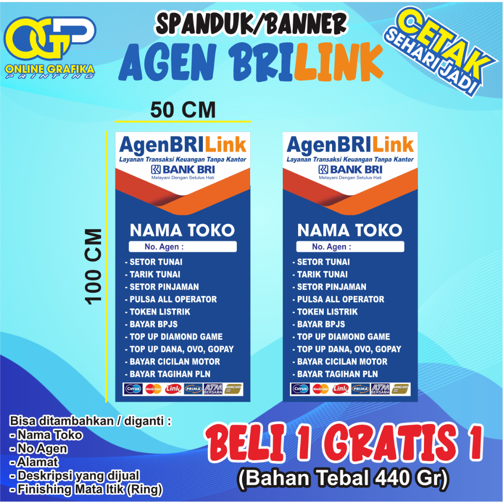 BANNER/SPANDUK/BALIHO BRILINK BELI 1 GRATIS 1 BAHAN TEBAL/MURAH [Online Grafika Printing]