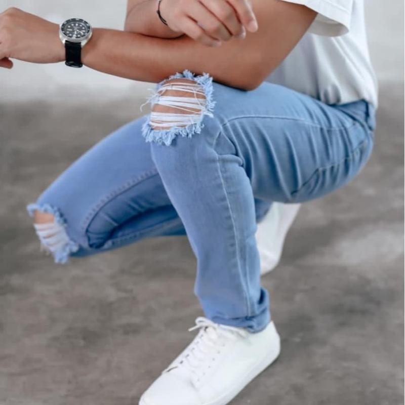 CELANA JEANS HITAM SOBEK PRIA STRETCH SOFT BAHAN MELAR CELANA RIPPED JEANS PRIA CELANA SOBEK LUTUT