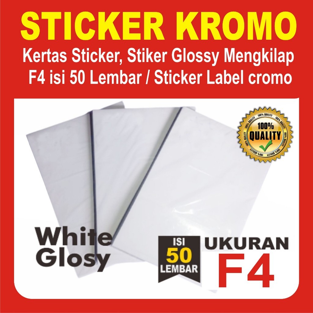

Kertas Sticker, Stiker Glossy Mengkilap F4 isi 50 Lembar / Stiker A4 / Sticker Label cromo