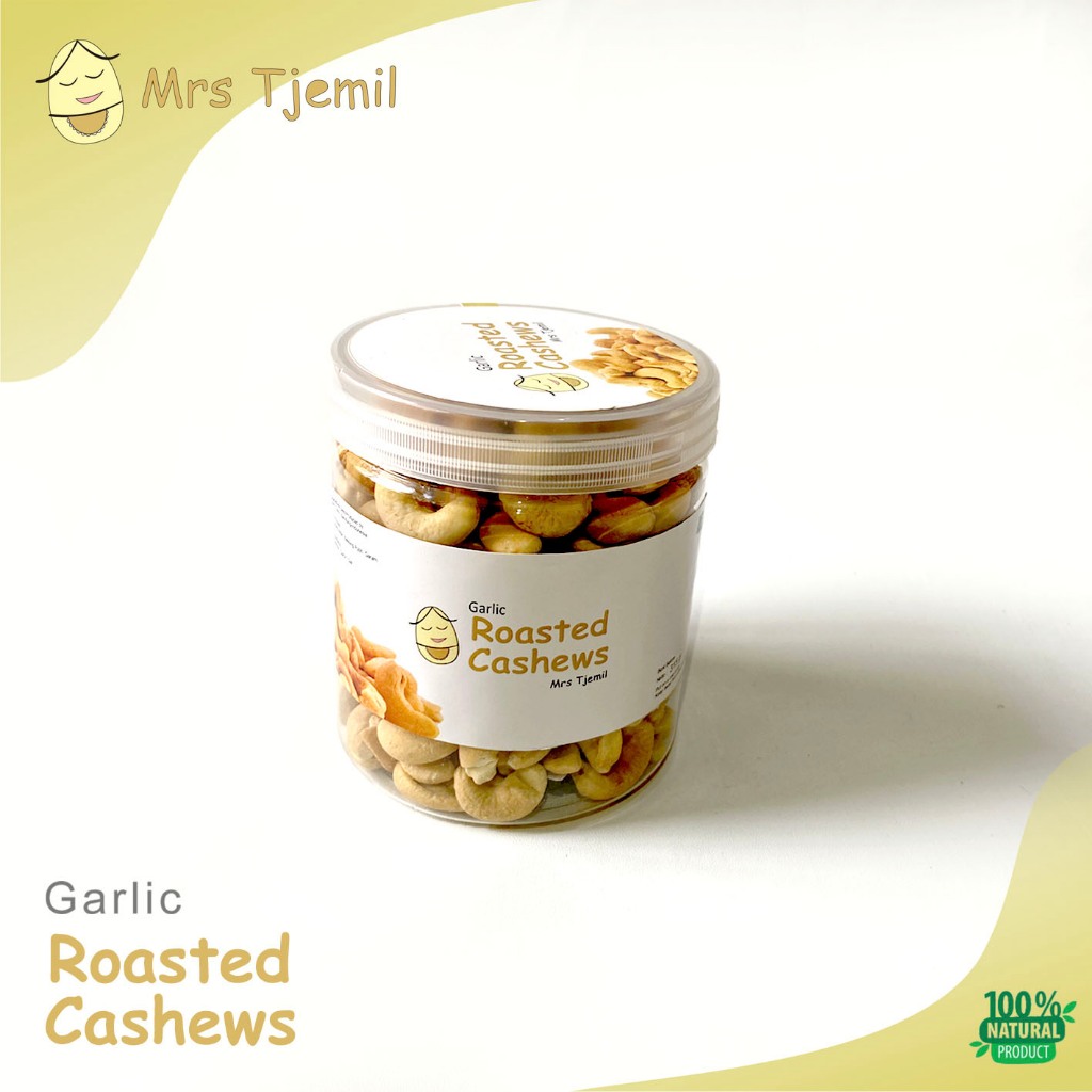 

M - GARLIC ROASTED CASHEWS - Mrs Tjemil - Kacang Mete Organik Premium Mente Asin Garam Bawang Putih Panggang Renyah Mede Cashew Nut Matang ukuran toples sedang Medium Sangrai Tidak Digoreng Cemilan Sehat Bergizi Natural Product Healthy Produk