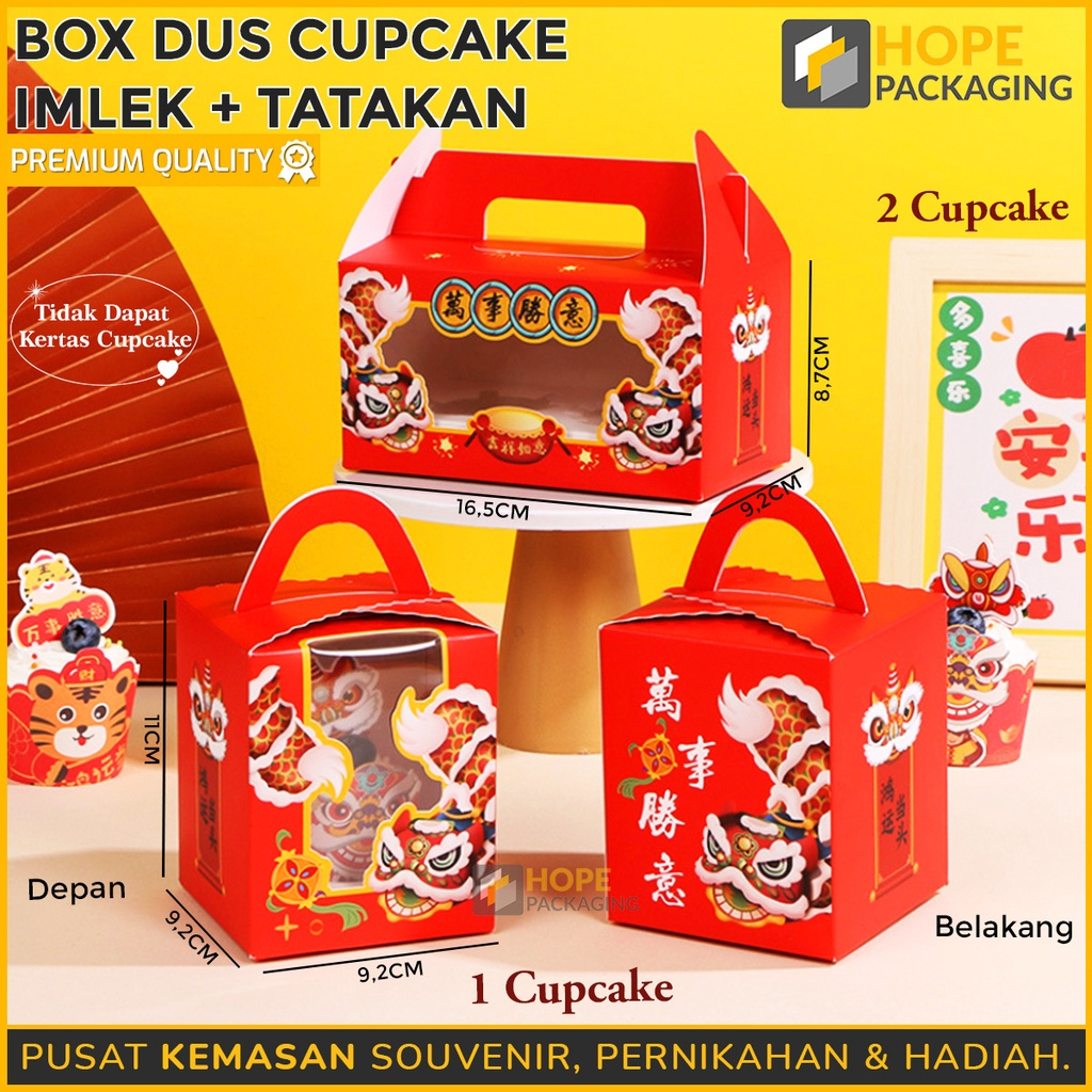 Box Kue 2 Cupcake Edisi Imlek + Tatakan / Kotak Kue Toples Jar / Box Hampers Imlek / Dus Kue / Kotak