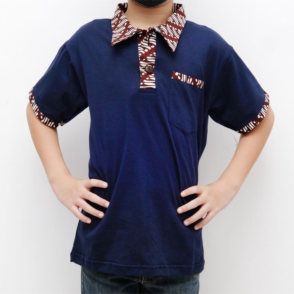 Kaos Krah Polo Batik Anak Unisex Lengan Pendek Warna Biru Donker Navy Premium Sari