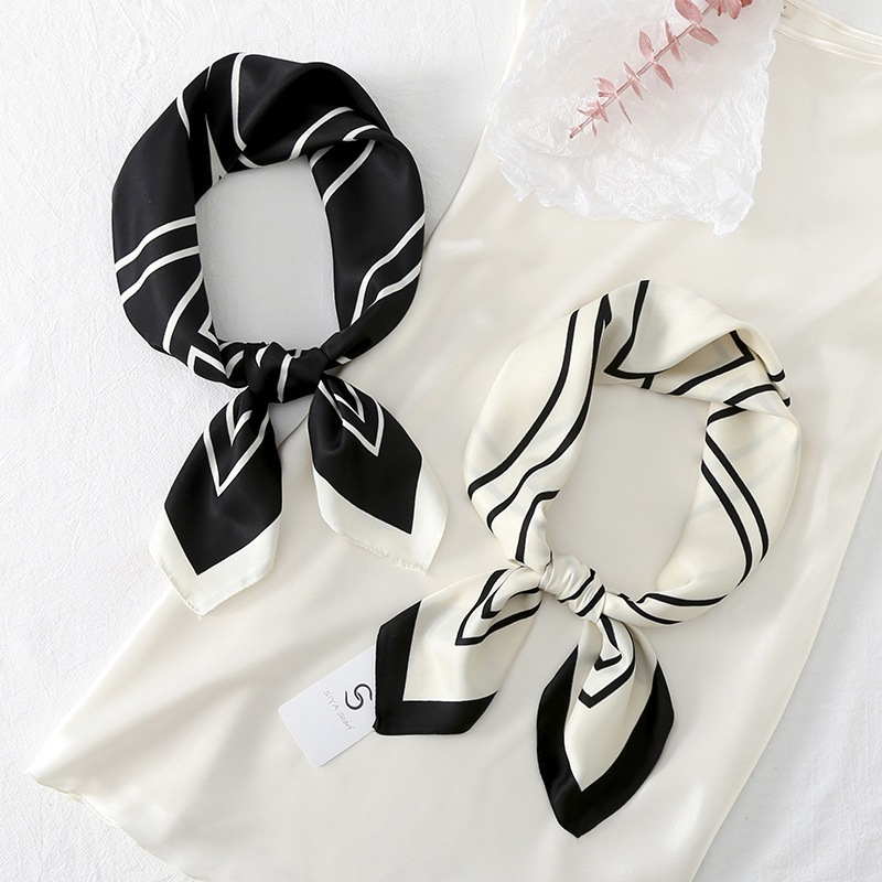 LAM Hijab sutra hitam putih klasik Scarf persegi modis syal tipis bergaris sederhana hijab segi