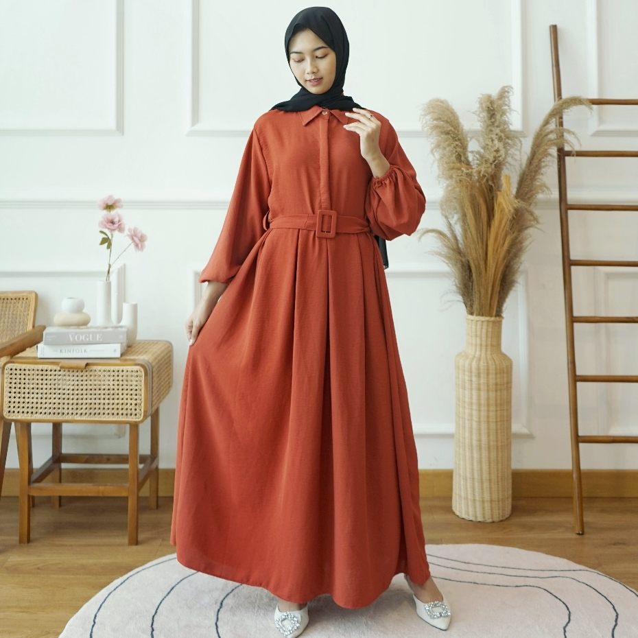 GDTima Gamis Hitam Dress Wanita Lengan Panjang With Belt Dress Baju Lebaran 2024 Kancing Depan Polos