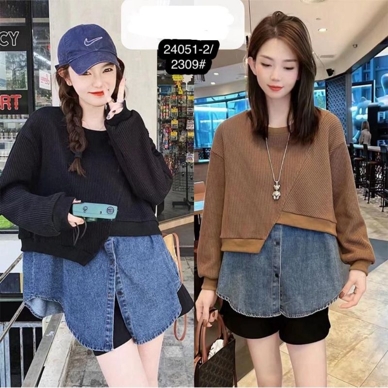 Sweter Kombinasi denim wanita korean style
