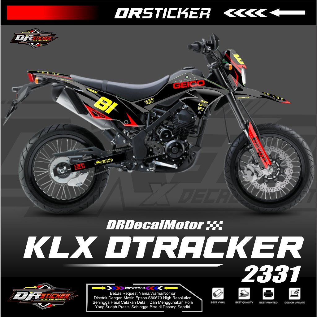 Decal KLX DTRACKER dengan warna dasar hitam kombinasi kuning bebas request nama dan nomor