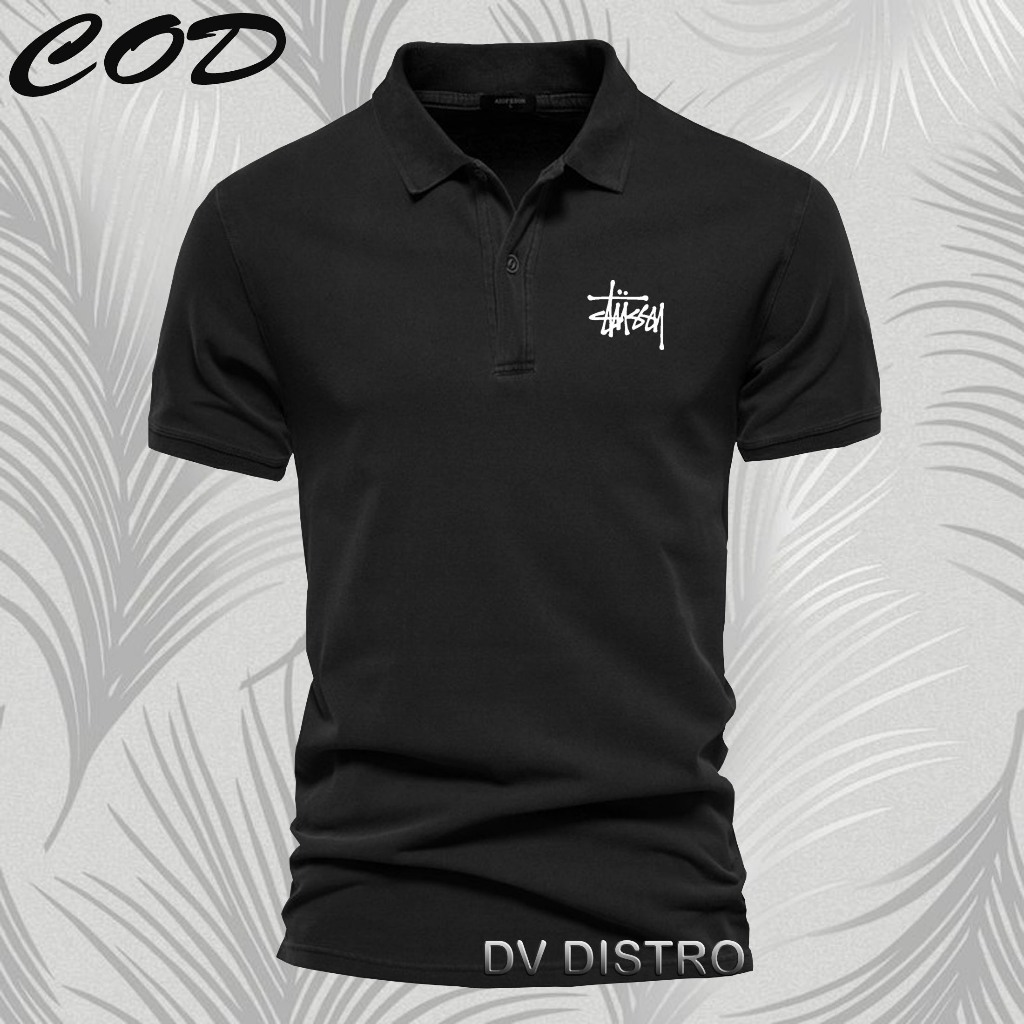 COD T-shrit POLO kerah Stussy Text Putih Kaos Kerah Dewasa Shirt / Kaos Wangki Pria Polo / Kaos Sera