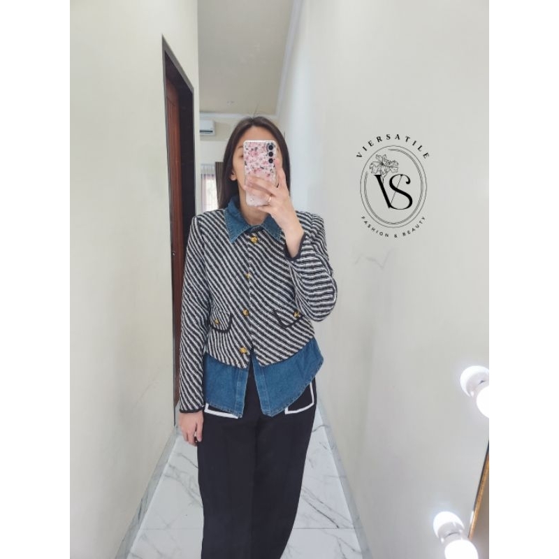 𝙍𝙚𝙖𝙙𝙮‼️Xaviera blazer denim mix stripe rweed/outerwear garis lapis tebal kombinasi jeans