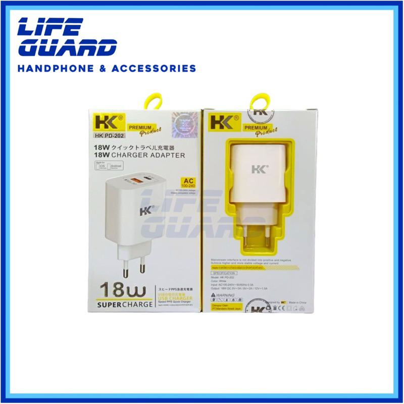 BATOK CHARGER HK PD-202 18W FAST CHARGING USB & TYPE C ADAPTOR CHARGER ORIGINAL HK