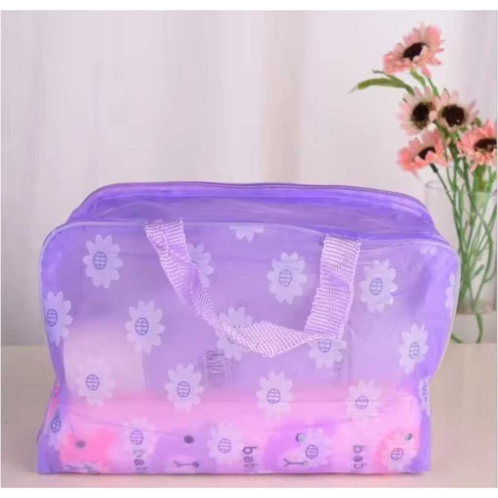 Pouch Wanita Portable Tempat Kosmetik Transparan Anti Air Warna Ungu