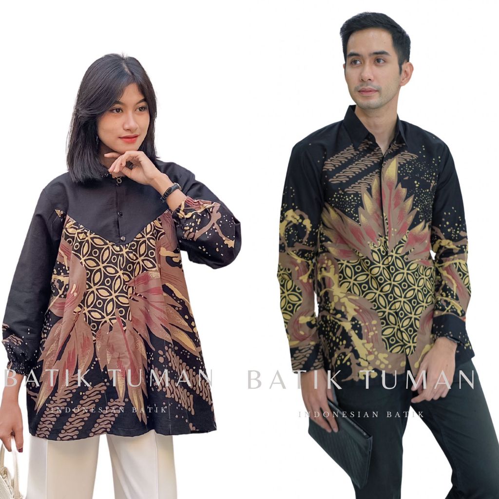 PRANEDO KAHIYANG Couple Batik Kemeja Pria & Blouse Wanita Warna Black Dusty Pink Mauve Bahan Katun H