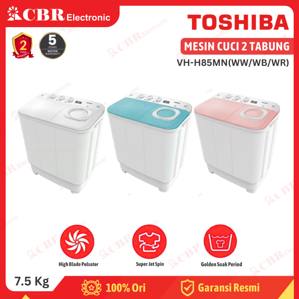 Mesin Cuci TOSHIBA 7.5 KG Semi Auto VH-H85MN (WW) / VH-H85MN (WB) / VH-H85MN (WR)