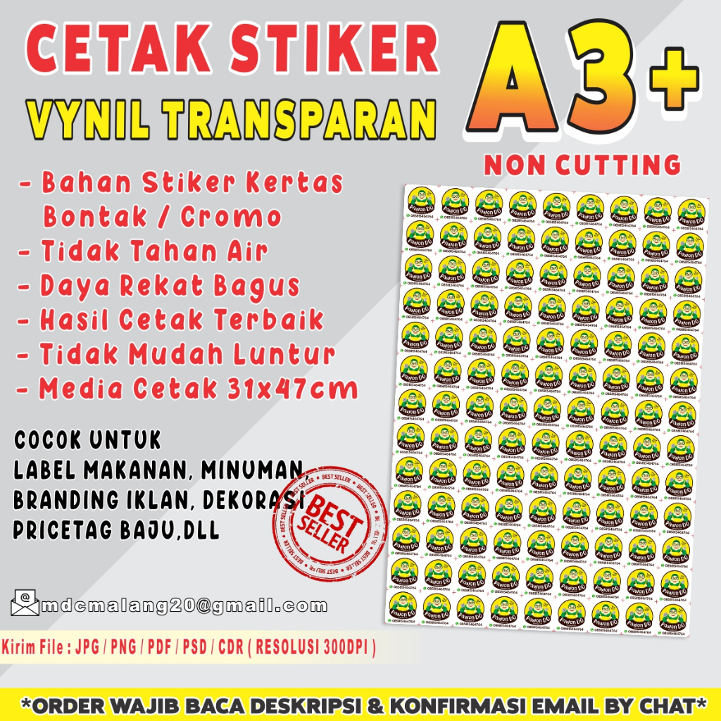 

CETAK STIKER A3+ VINYL TRANSPARAN LABEL KEMASAN NON CUTTING