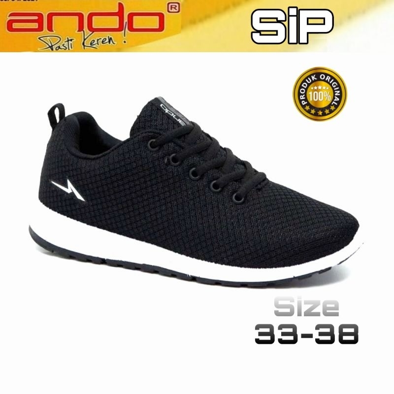 Murah Ando Sepatu Sneakers Sekolah Anak Cewek Cowok Remaja Tanggung Hitam Putih Tali Fashion Karet