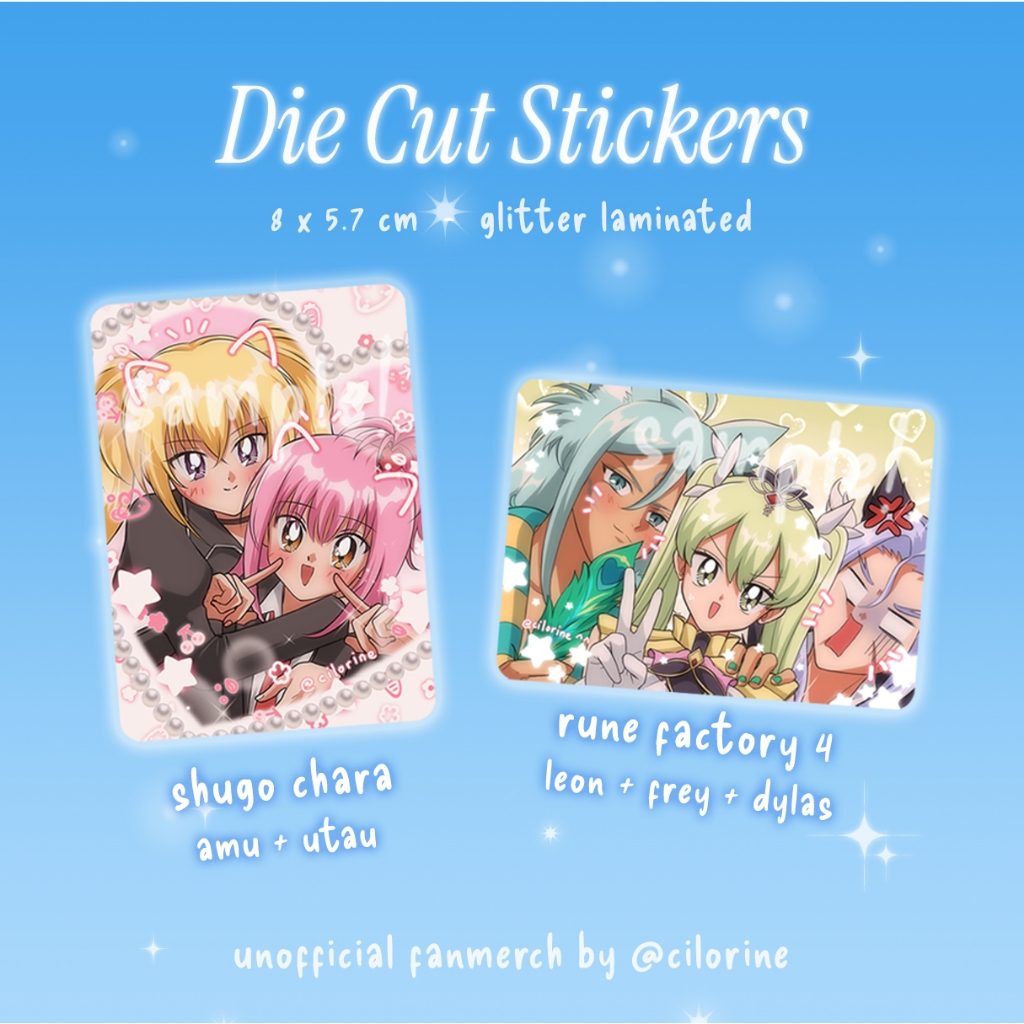 

90s shoujo anime styled Die Cut Stickers - Shugo Chara & Rune Factory 4 unofficial Fanmerch