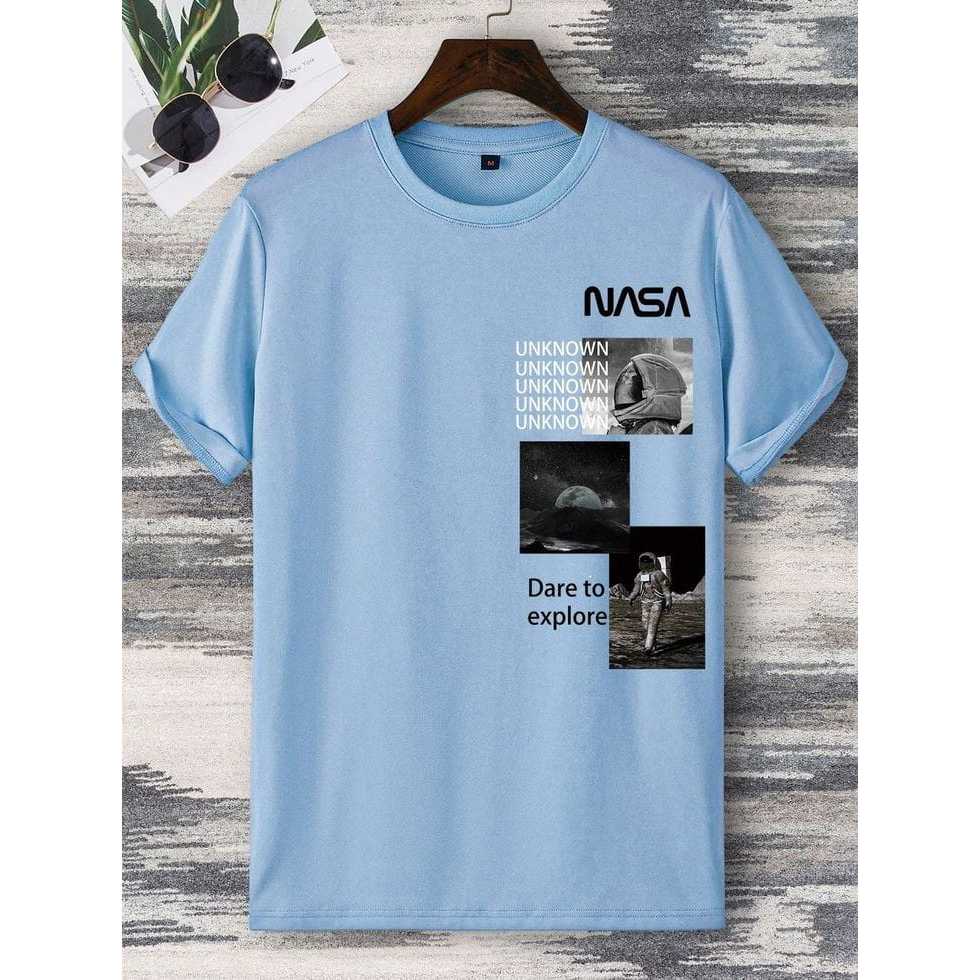Kaos Distro Pria Wanita Lengan Pendek Motif NASA Simpel Warna Baby Blue / Baju Polos Cowok Cewek Bir