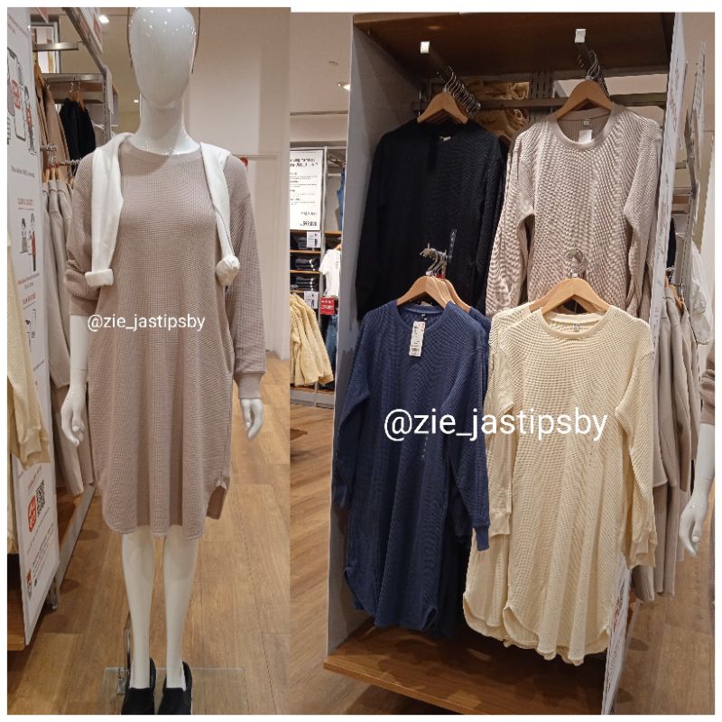 Kosong‼️UNIQLO GAUN WAFFLE CREW NECK LENGAN PANJANG CEWEK