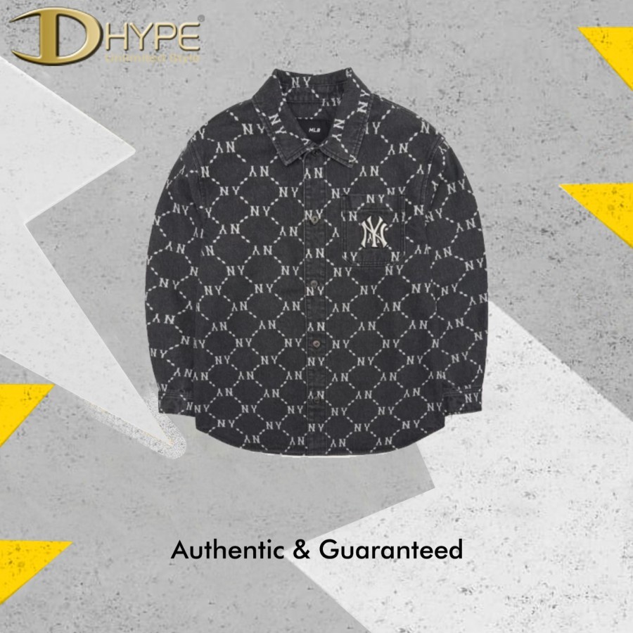 MLB NY YANKEES MONOGRAM DENIM LONG SHIRT BLACK 100% Authentic