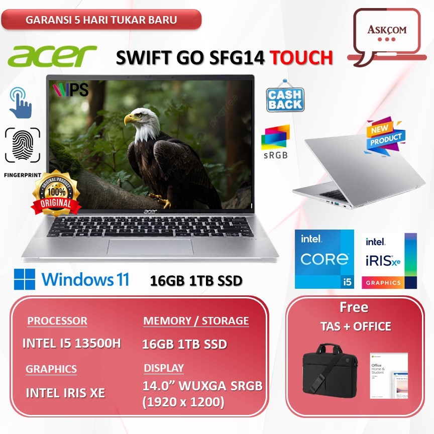 Laptop Acer Swift Go SFG14 Touch I5 13500H 16GB 1TB SSD W11 OHS21 14.0WUXGA SRGB FP 71T.51MG