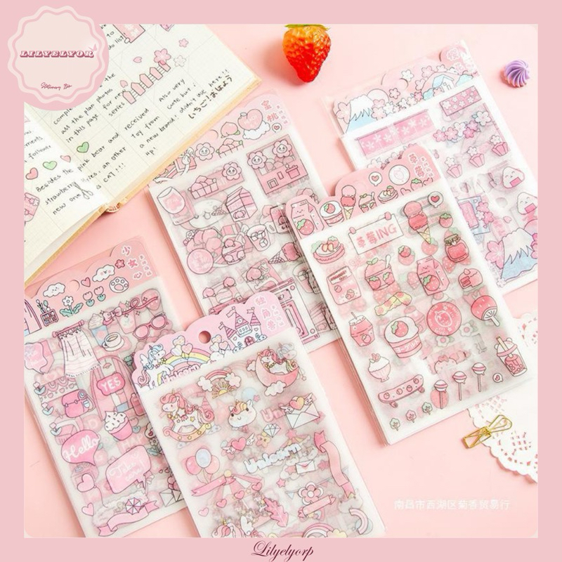 

[Lilyelyor] 4 lembar/buku Stiker Tempel Waterproof Diy Pink Cute Stationery