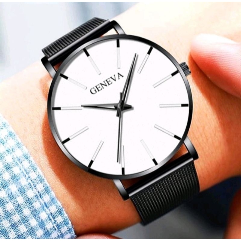 Jam Tangan Pria Waterresistant Anti Air 100% ORIGINAL Geneva Casual Bisnis Strap Stainless Steel arl
