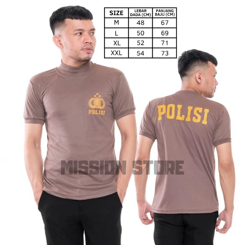 Kaos Oblong Pria Polisi Polri Dinas Bahan Tebal Kerah Pendek Kerah Tinggi Warna Coklat