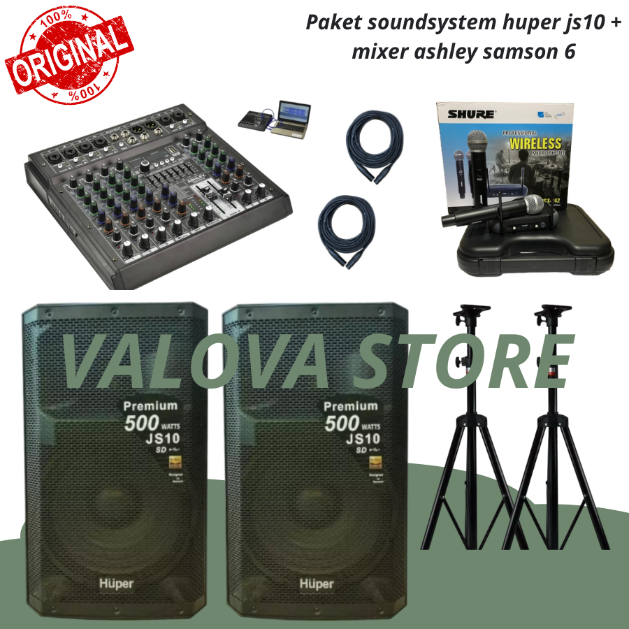 Paket 5 soundsystem huper js10 + mixer ashley samson 6