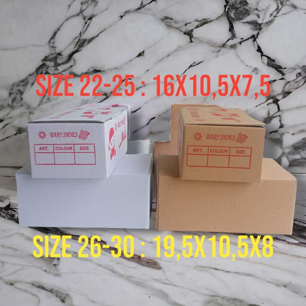 

Dus Sepatu Bayi Warna Cokelat-Putih Ukuran 16x11x8, Kardus Sepatu, Dus pembungkus kado, Kardus kado