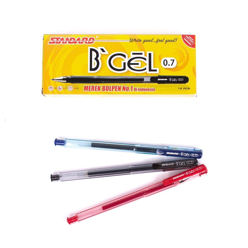 

PULPEN 1 PACK STANDARD B GEL BOLPOIN TINTA WARNA HITAM BIRU MERAH ISI 12 PCS BALLPOINT KANTOR