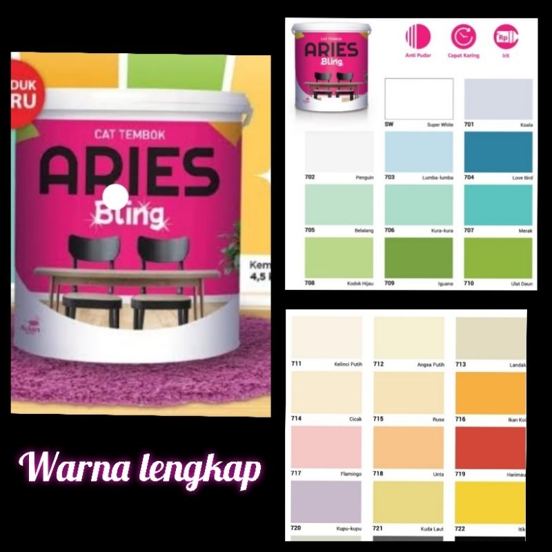 cat aries bling kemasan 18 kg , cat tembok aries bling 18 kg warna lengkap