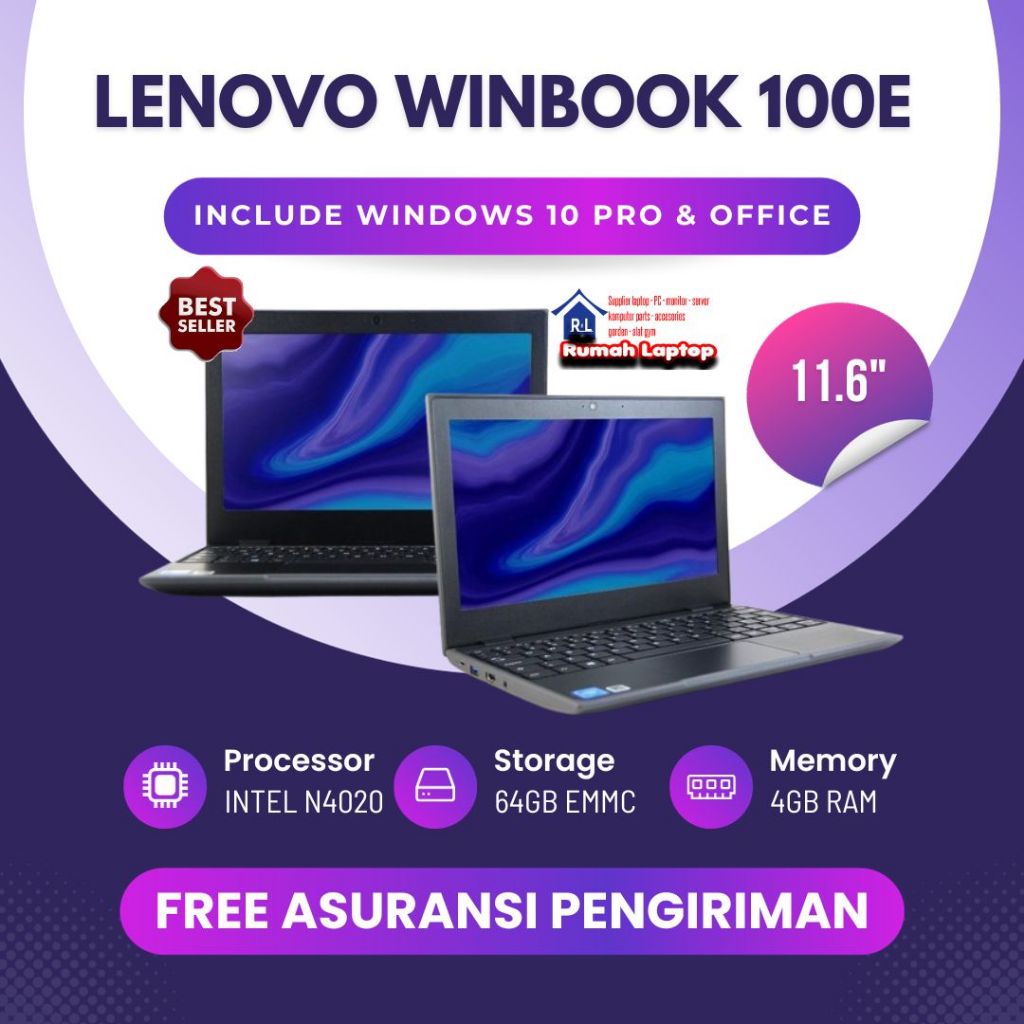 (Gratis Case) BEST SELLER Lenovo Winbook 100e Intel N4020 Ram 4gb 64gb Emmc 11.6 Inch Windows 10 Original - Laptop Mini Notebook Baru Murah