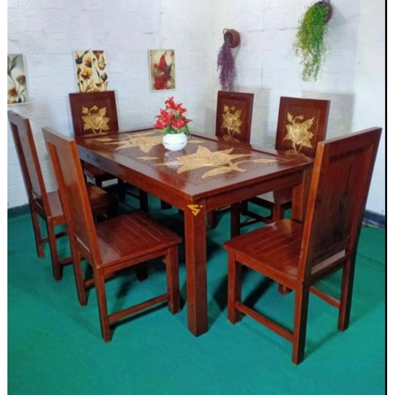 Meja Makan Motif Mawar Kayu Jati + Kaca