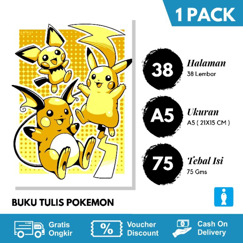 

BUKU TULIS SEKOLAH ANIME GAMBAR POKEMON 38 LEMBAR 1 PAK ISI 5 BUKU BERGARIS
