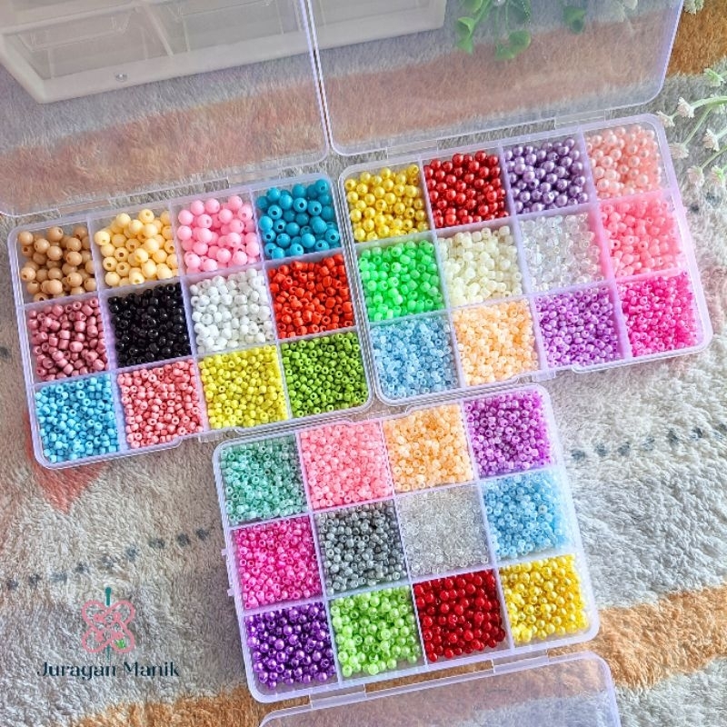 PAKET MANIK MANIK MOTE BOX MUTIARA RINGAN DAN PAYET PASIR MIX WARNA 12 SEKAT
