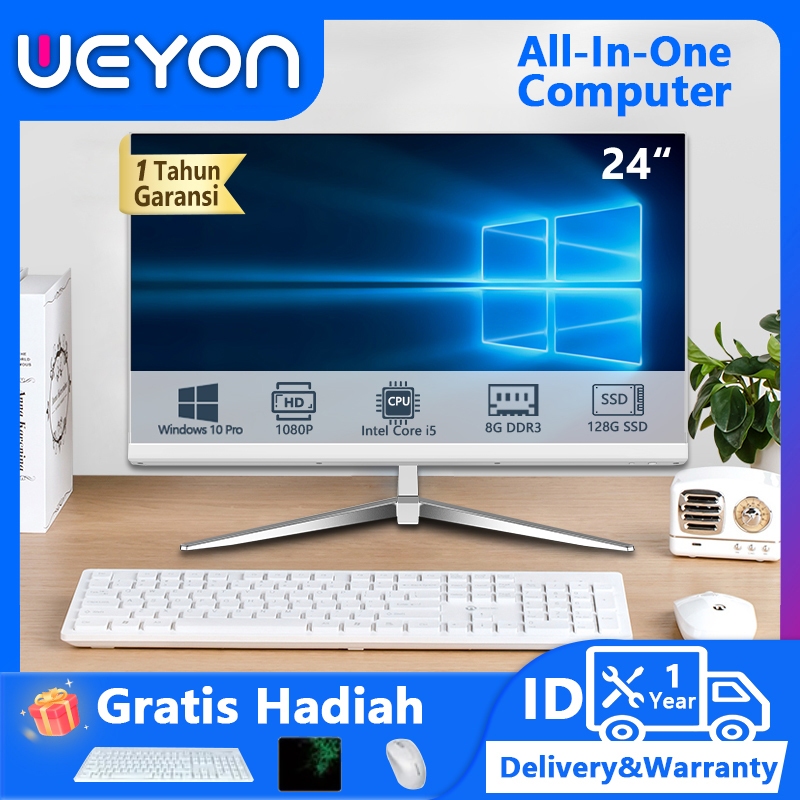 DHP Komputer PC All in One Baru Core I5/I7 RAM 8GB/16GB+SSD 128GB/256GB Layer HD 24 inch Wireless Gratis Rak Kayu Inklusif Garansi 1 Tahun Keyboard dan Mouse (R240)-i5-4(8G+128G)