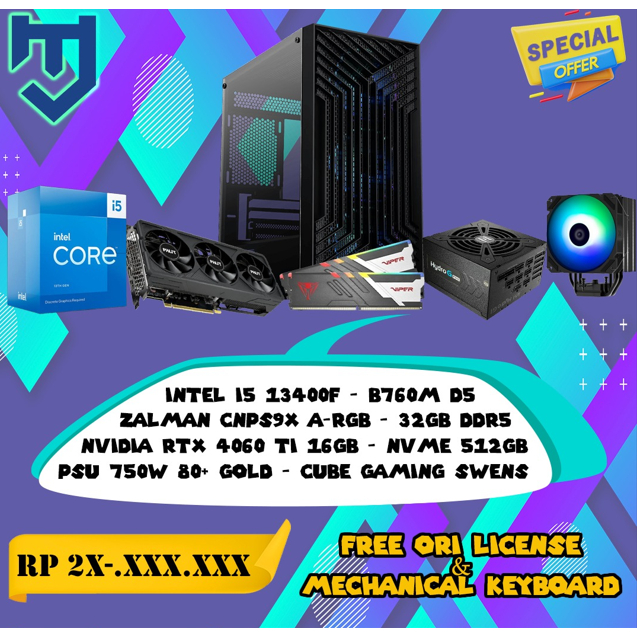 PC Set Intel I5 13500 32GB RAM RTX 4060 Ti 16GB Kencang 3D Render & AI Productive.