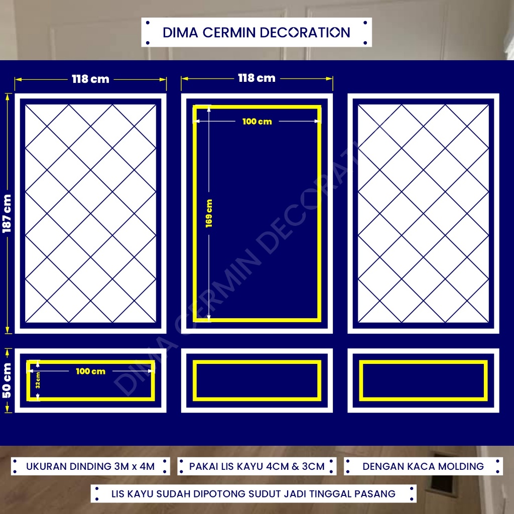 Paket Wall Molding Lis Kayu dengan Kaca Cermin untuk Dinding 3M x 4M Dekorasi Rumah Kekinian