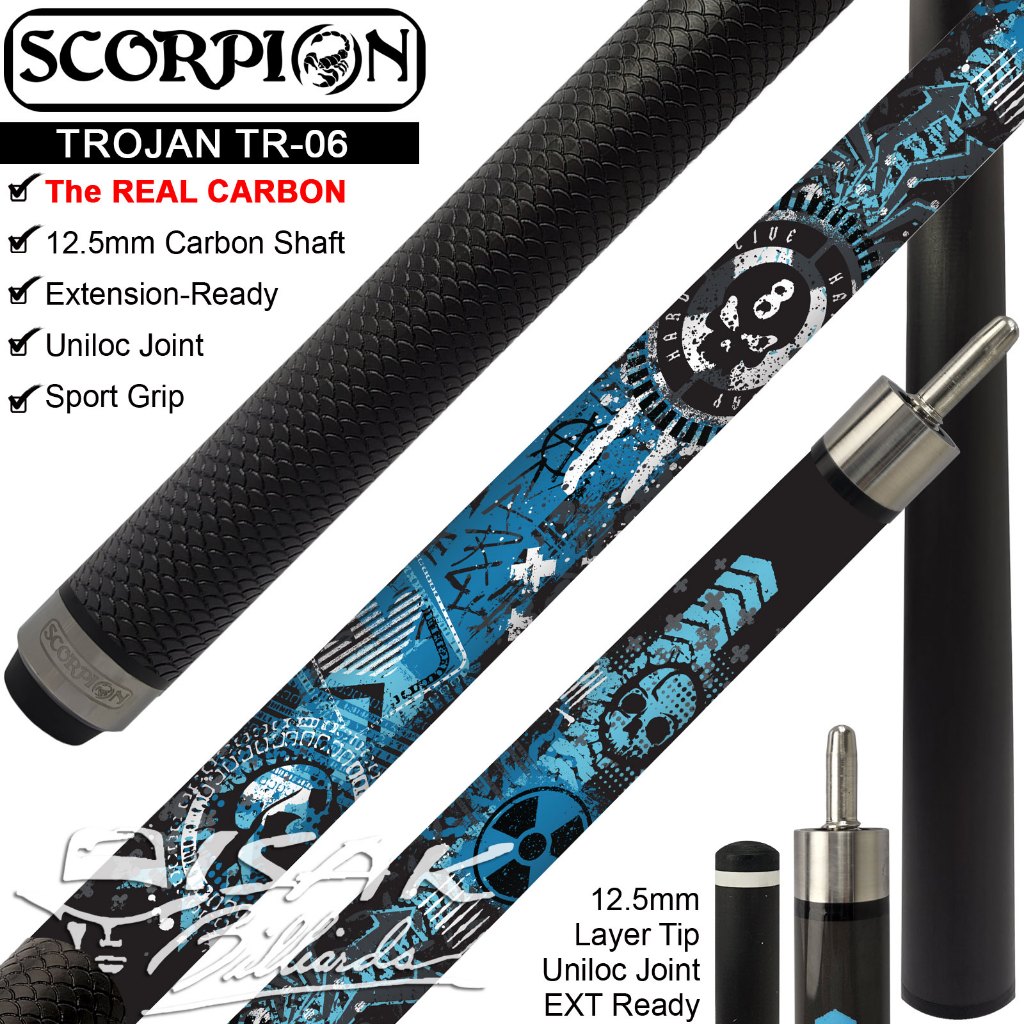 Scorpion Trojan TR-06 Real Carbon Cue Uniloc Low Deflection Stick Karbon Billiard