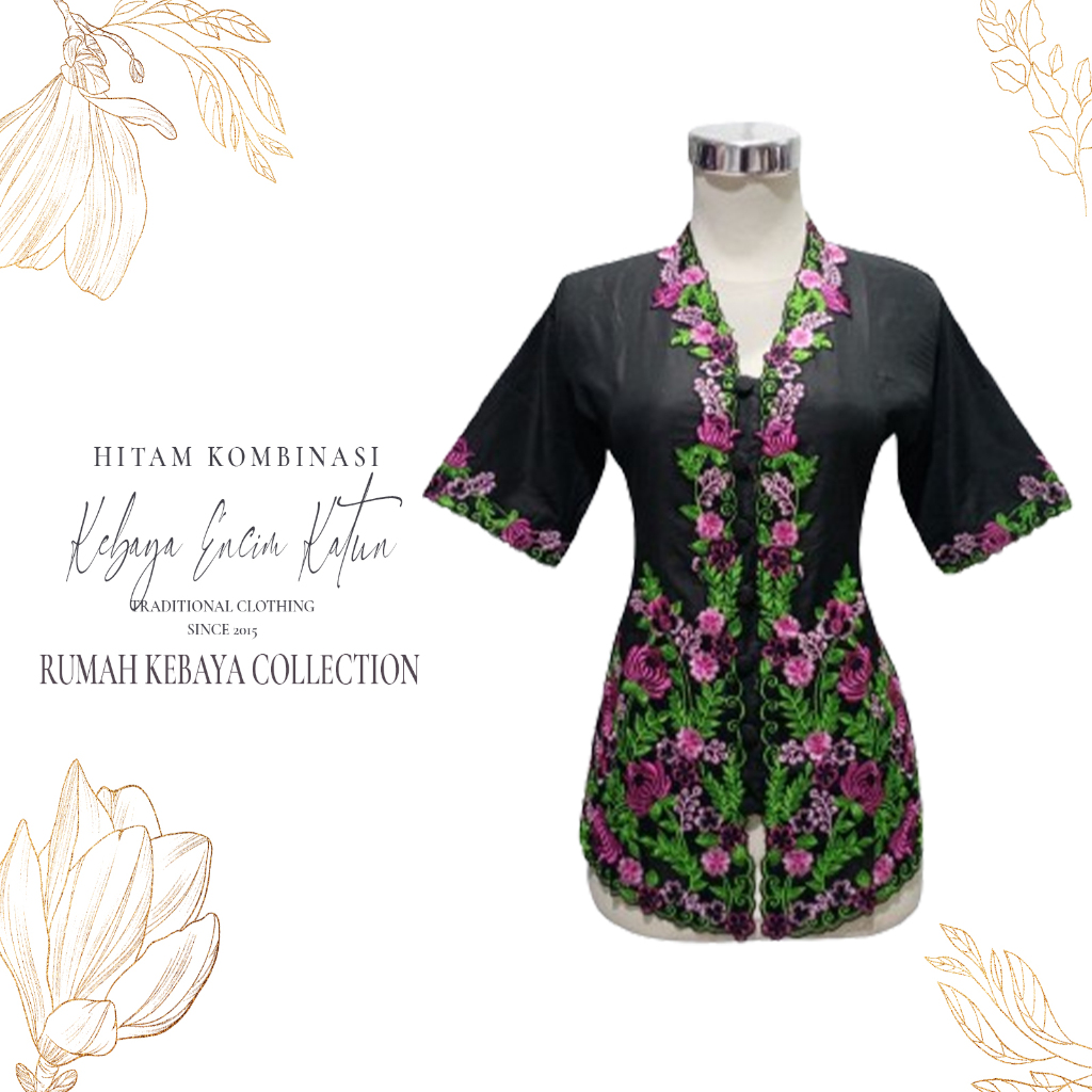 Kebaya Encim Bordir Kartini Katun Bordir Modern Hitam Kombinasi Lengan Pendek Jumbo